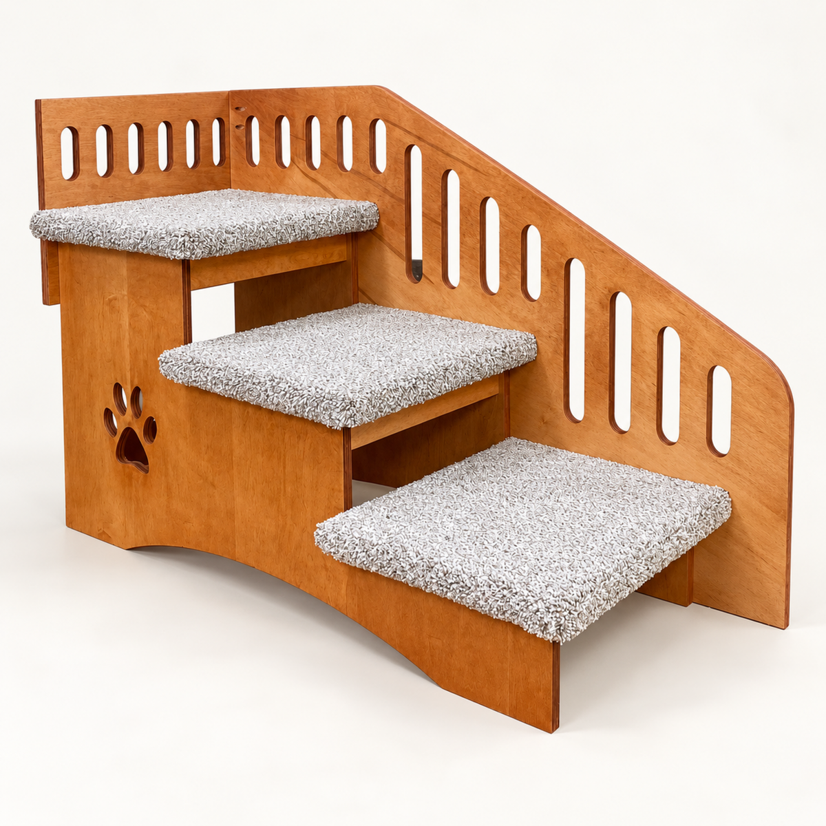 Extra deep wooden dog stairs with optional rails beside a bed