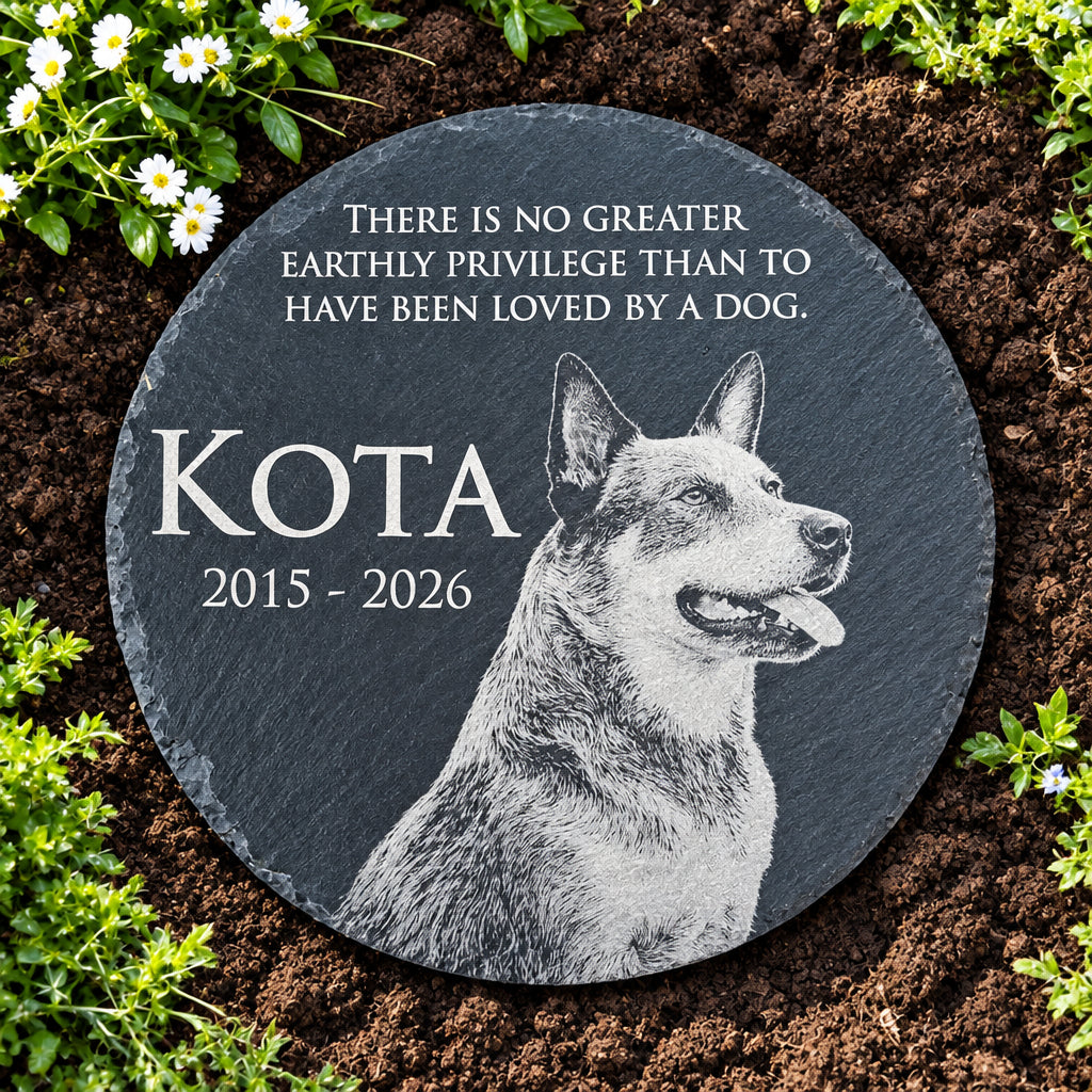 Round engraved slate pet memorial stone with a pet portrait and name