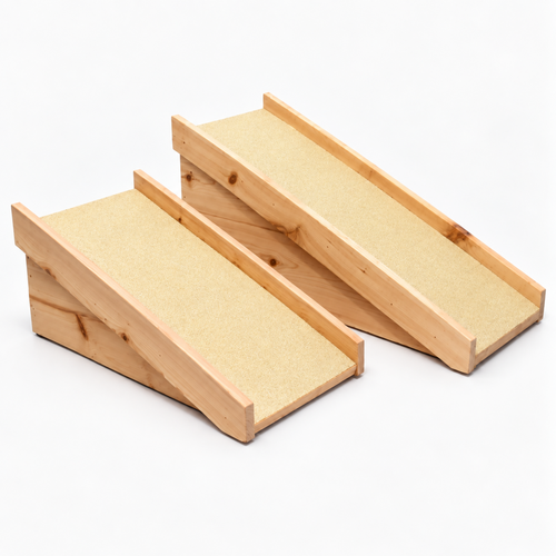 Outdoor cedar dog door ramp, two width options on white background