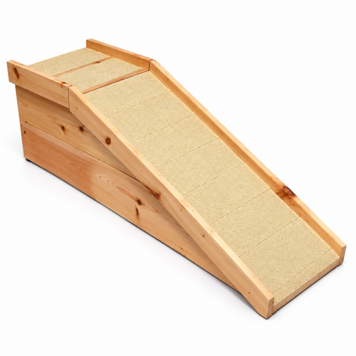 Outdoor cedar dog door ramp with optional top platform, studio view